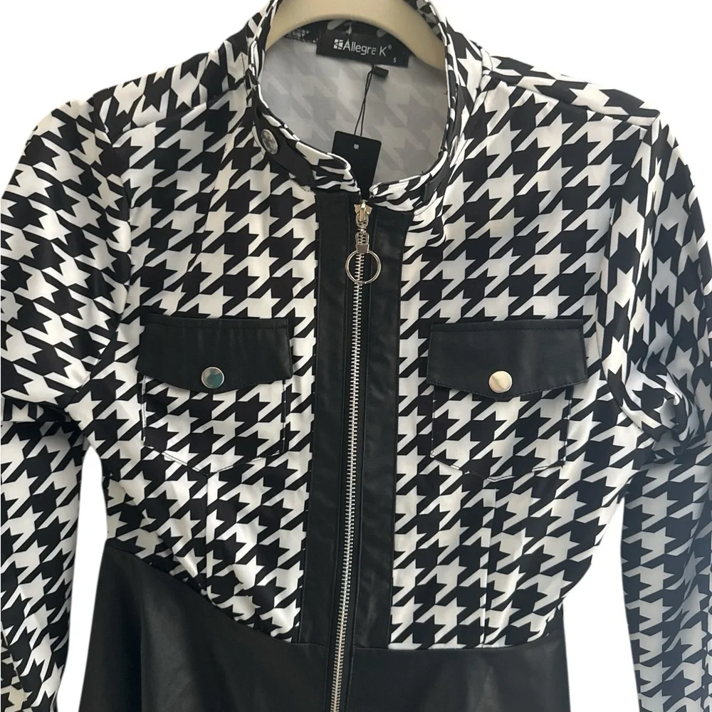 Allegra K‎ New With Tags Faux Leather Black Houndstooth Dress Size Small Zipper